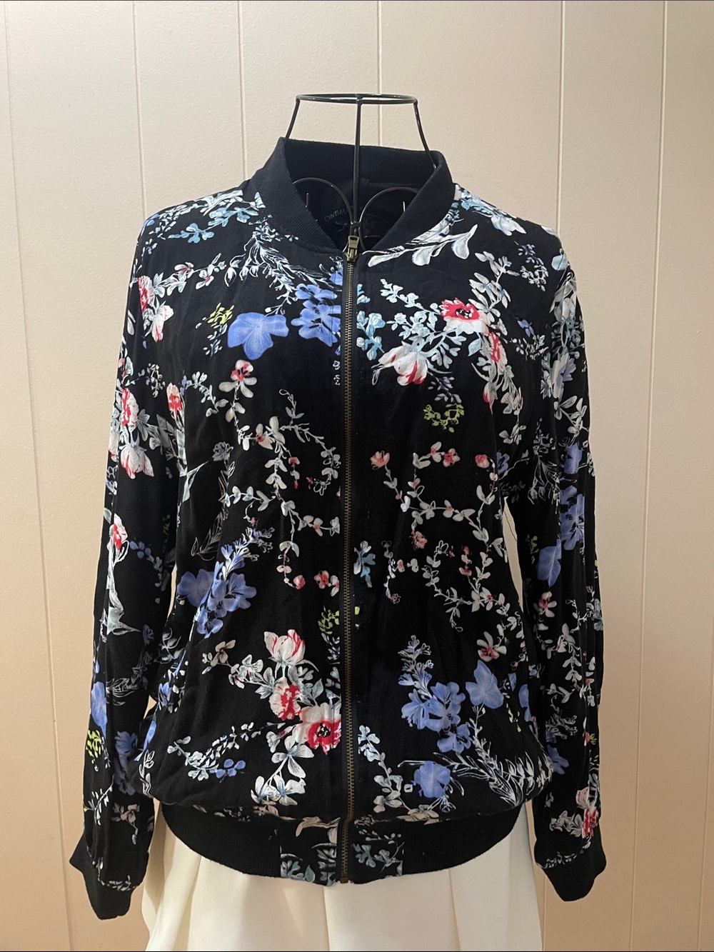 Cynthia Rowley Black Floral Zip Bomber Jacket
